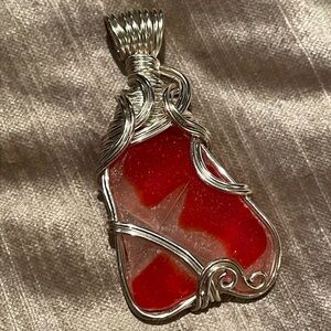 Unique Fancy Frosted Glass Silver Wrapped Pendant